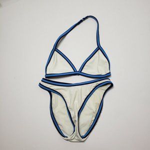 Rebel Beach Sz M White Bikini 2 pc with Navy Blue Trim High Cut Triangle Top